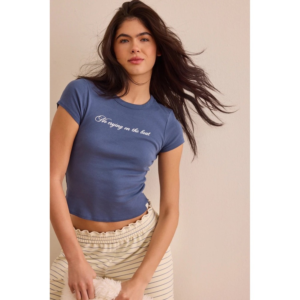 AS Revival No Crying On The Boat Graphic Tee Blue Short Sleeve Crew Neck Size XS